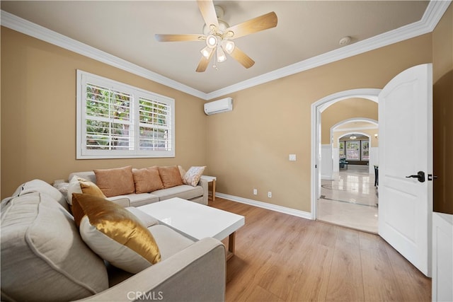 37 Shepard, Irvine, CA 92620 - living room with a wall mounted air conditioner, a ceiling fan, crown molding, light wood-style floors, and baseboards