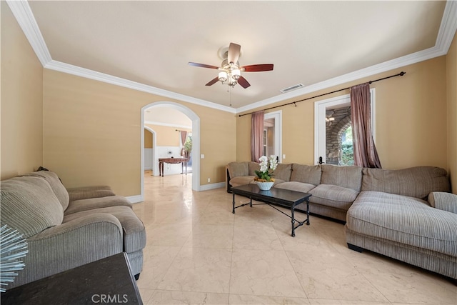 37 Shepard, Irvine, CA 92620 - living room featuring ornamental molding, visible vents, marble finish floor, and ceiling fan