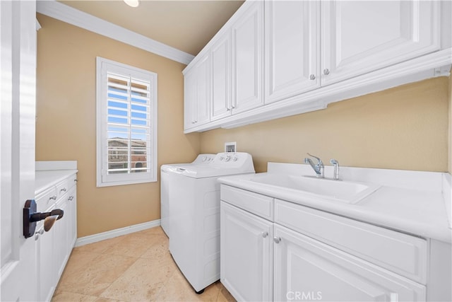 37 Shepard, Irvine, CA 92620 - laundry room with a sink, baseboards, separate washer and dryer, cabinet space, and ornamental molding