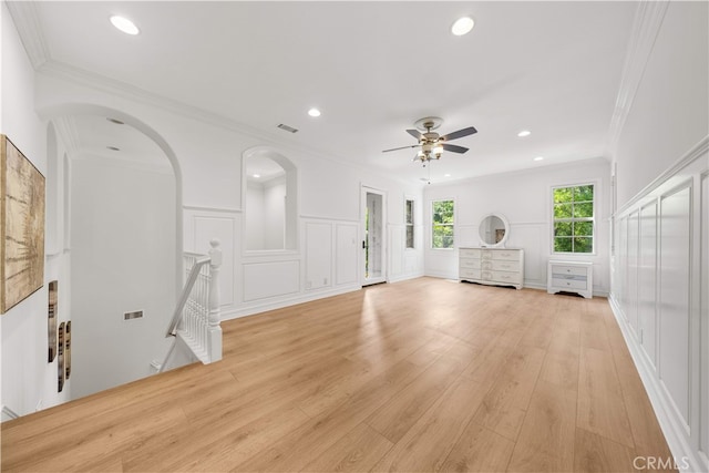 37 Shepard, Irvine, CA 92620 - unfurnished living room with a ceiling fan, ornamental molding, recessed lighting, light wood-style flooring, and a decorative wall