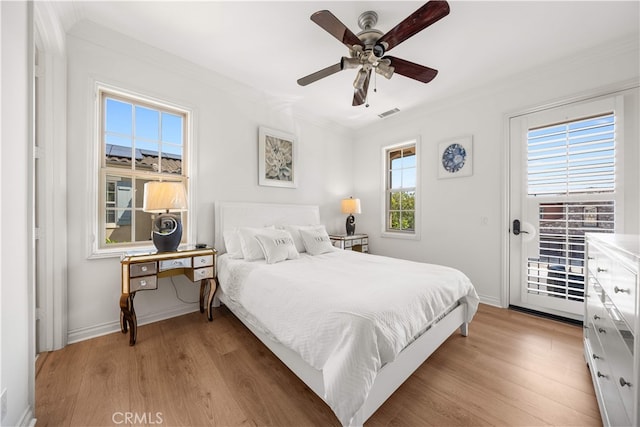 37 Shepard, Irvine, CA 92620 - bedroom with light wood-style floors, access to outside, crown molding, and a ceiling fan