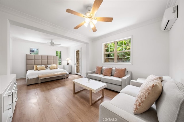 37 Shepard, Irvine, CA 92620 - living area featuring a wall mounted AC, ornamental molding, ceiling fan, and light wood-style flooring