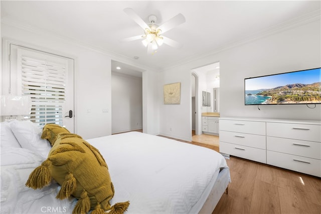 37 Shepard, Irvine, CA 92620 - bedroom with ornamental molding, light wood finished floors, ensuite bath, and a ceiling fan