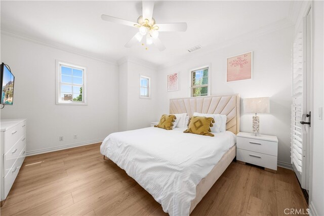 37 Shepard, Irvine, CA 92620 - bedroom with crown molding, light wood-style floors, and ceiling fan