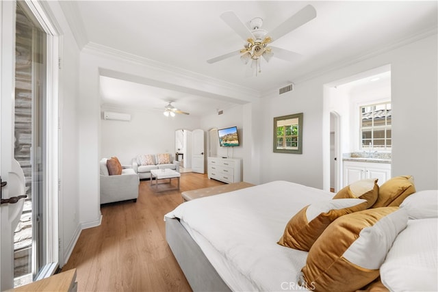 37 Shepard, Irvine, CA 92620 - bedroom with crown molding, light wood finished floors, an AC wall unit, arched walkways, and ceiling fan