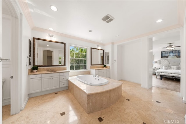 37 Shepard, Irvine, CA 92620 - ensuite bathroom featuring ornamental molding, a bath, two vanities, a ceiling fan, and recessed lighting