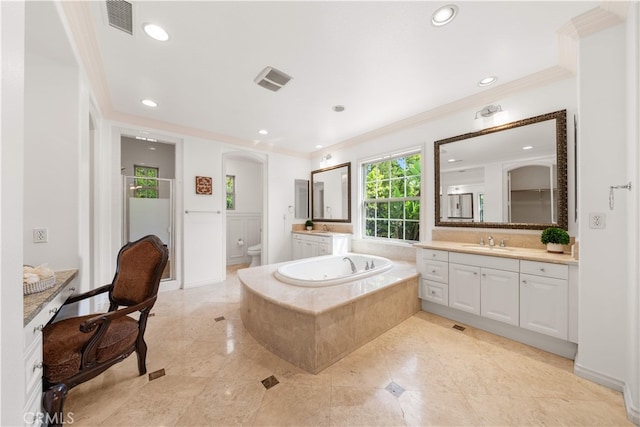37 Shepard, Irvine, CA 92620 - full bath with ornamental molding, a bath, vanity, recessed lighting, and tile patterned flooring