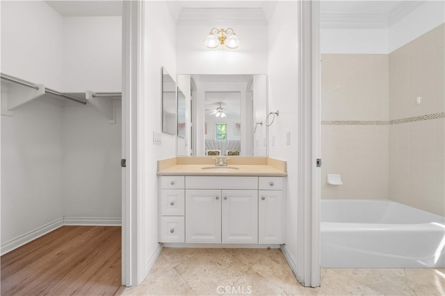 37 Shepard, Irvine, CA 92620 - full bathroom featuring vanity, tub / shower combination, a ceiling fan, and ornamental molding