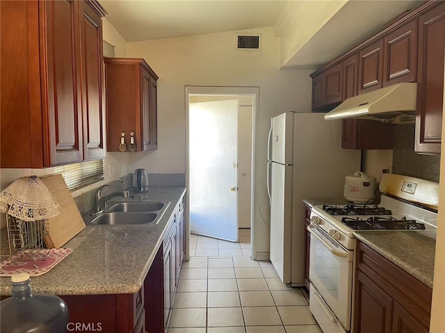 kitchen with reddish brown cabinets, visible vents, a sink, white range with gas stovetop, and under cabinet range hood