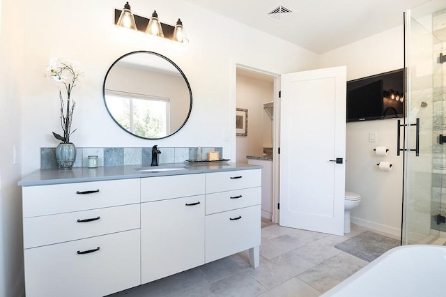 bathroom with toilet, vanity, visible vents, a spacious closet, and a stall shower