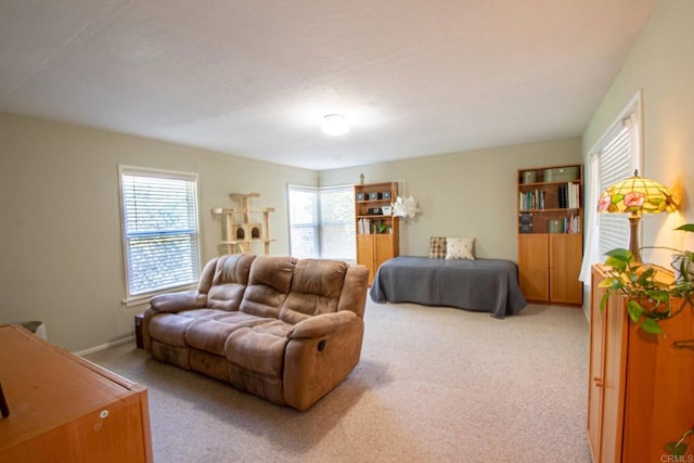 bedroom featuring baseboards and light colored carpet