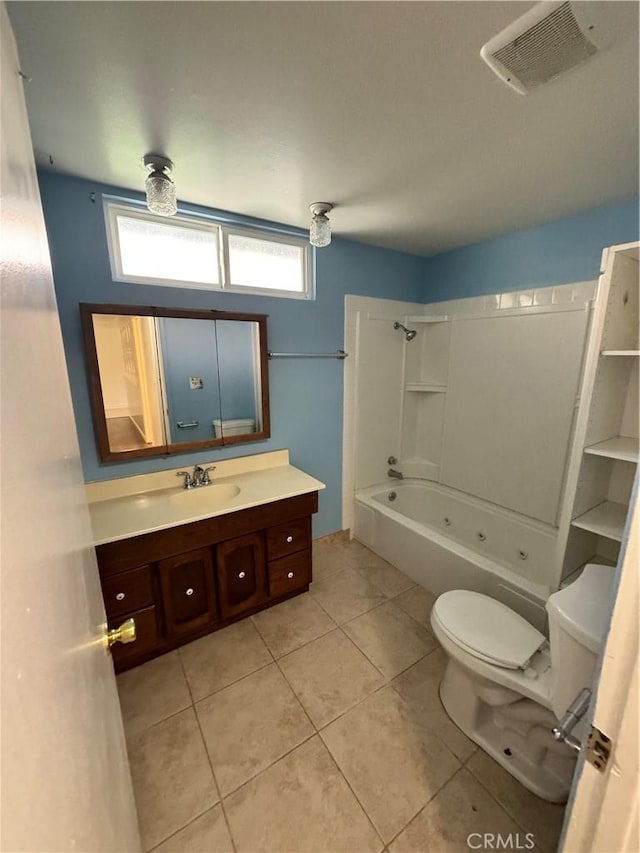 bathroom with visible vents, toilet, shower / tub combination, tile patterned flooring, and vanity