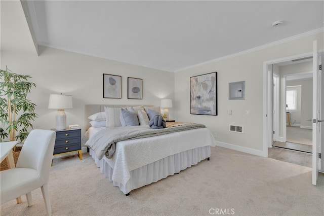 bedroom with light carpet, electric panel, baseboards, visible vents, and ornamental molding