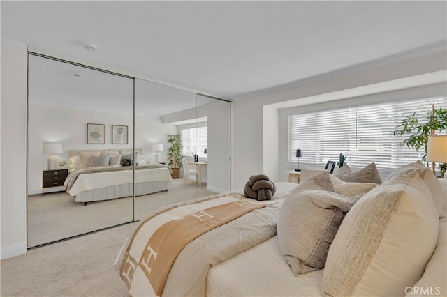 bedroom featuring carpet floors, a closet, and baseboards