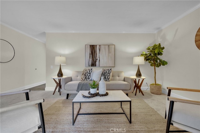 living room with carpet flooring, crown molding, and baseboards