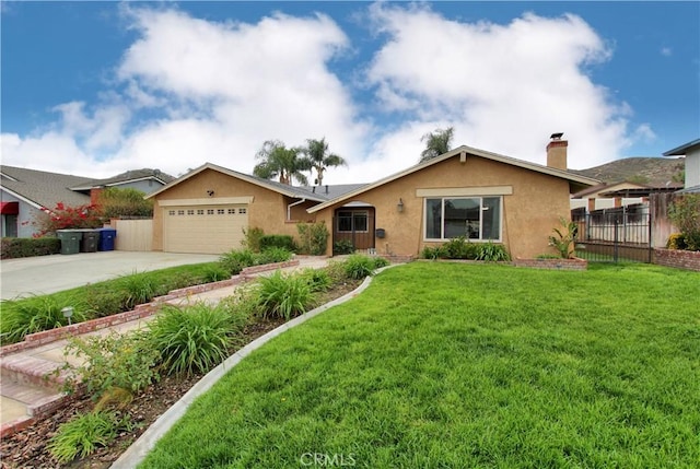 ranch-style house featuring driveway, stucco siding, an attached garage, fence, and a front yard