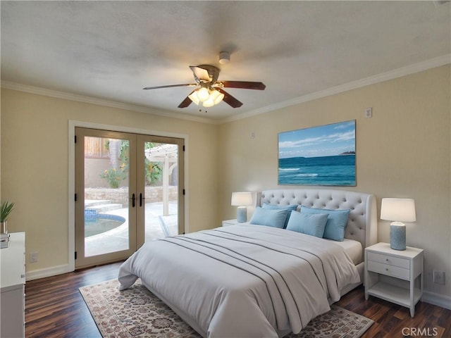 bedroom featuring access to outside, ornamental molding, dark wood-style flooring, and french doors