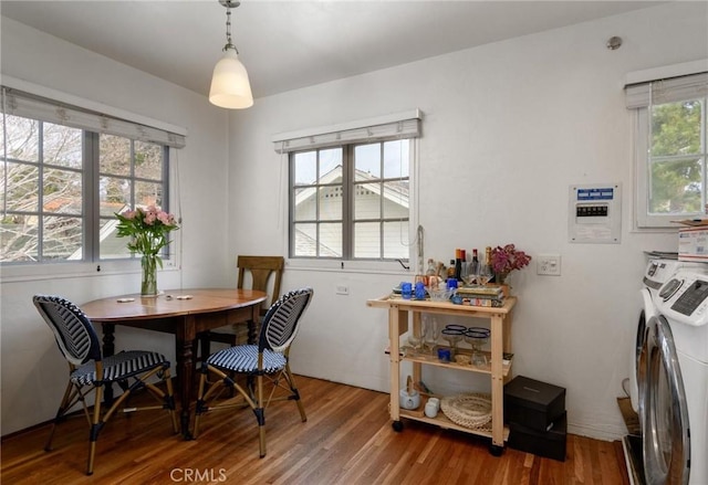 dining room with wood finished floors and washer and dryer