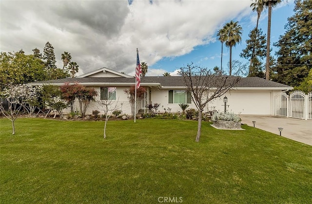 ranch-style home with concrete driveway, a front yard, a gate, fence, and a garage