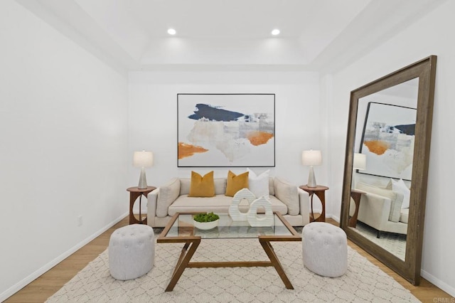 living area featuring light wood finished floors, baseboards, and recessed lighting