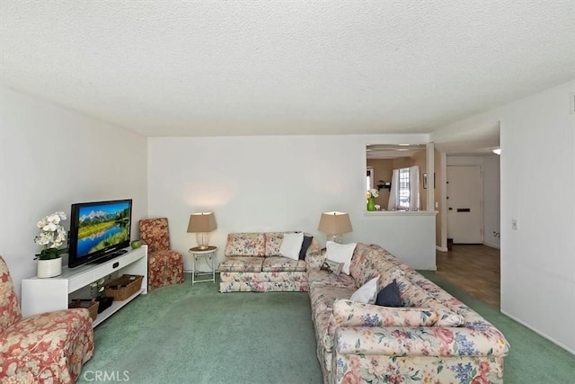 carpeted living room featuring a textured ceiling