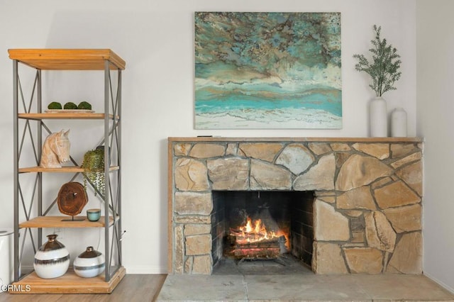 room details with wood finished floors and a fireplace