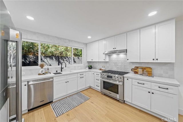 kitchen featuring stainless steel appliances, light wood-type flooring, a sink, and under cabinet range hood