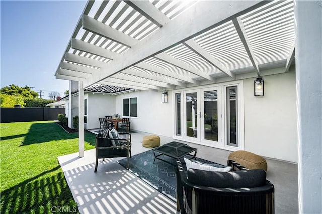 view of patio / terrace with french doors, fence, and a pergola