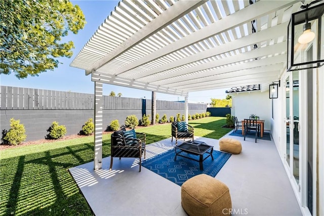 view of patio / terrace featuring a fenced backyard and a pergola