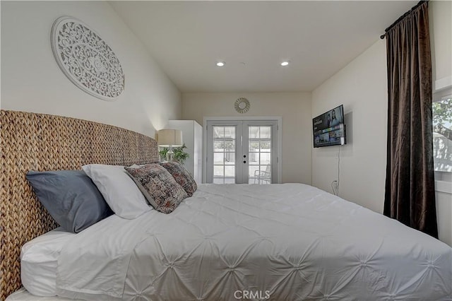 bedroom with access to outside, french doors, and recessed lighting