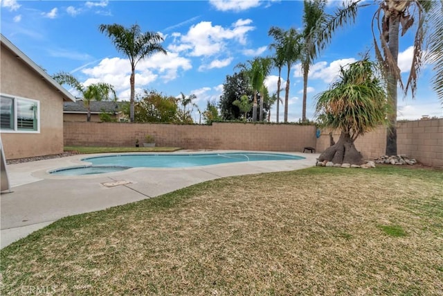 view of pool featuring a fenced in pool, a lawn, a fenced backyard, an in ground hot tub, and a patio