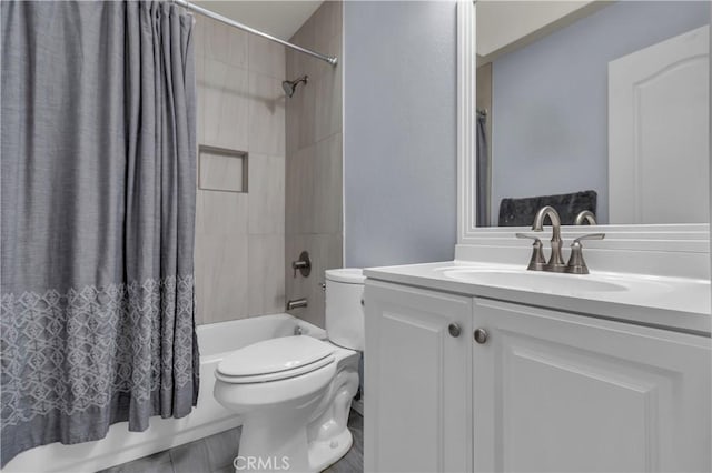 full bath with vanity, toilet, and shower / tub combo with curtain