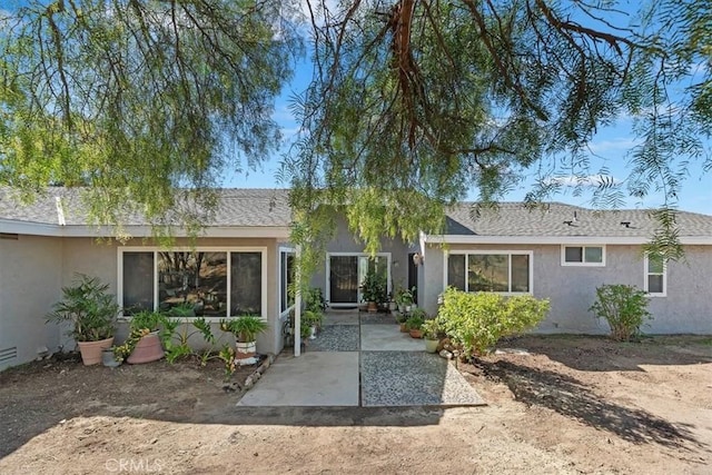 view of front of house with roof with shingles, a patio, and stucco siding