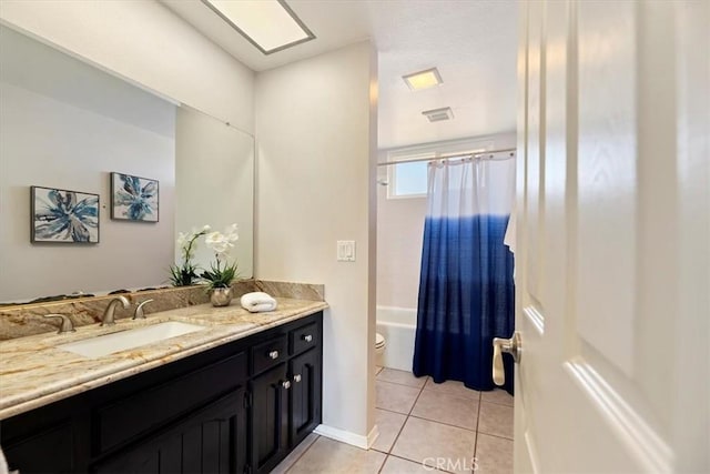 full bath with visible vents, toilet, tile patterned flooring, shower / bath combo with shower curtain, and vanity