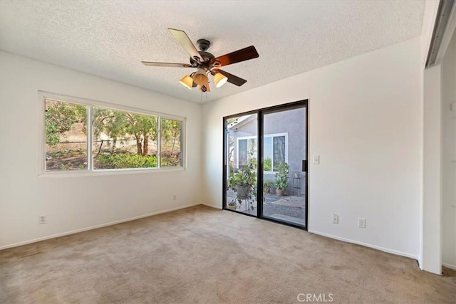 spare room featuring ceiling fan, a textured ceiling, and carpet flooring