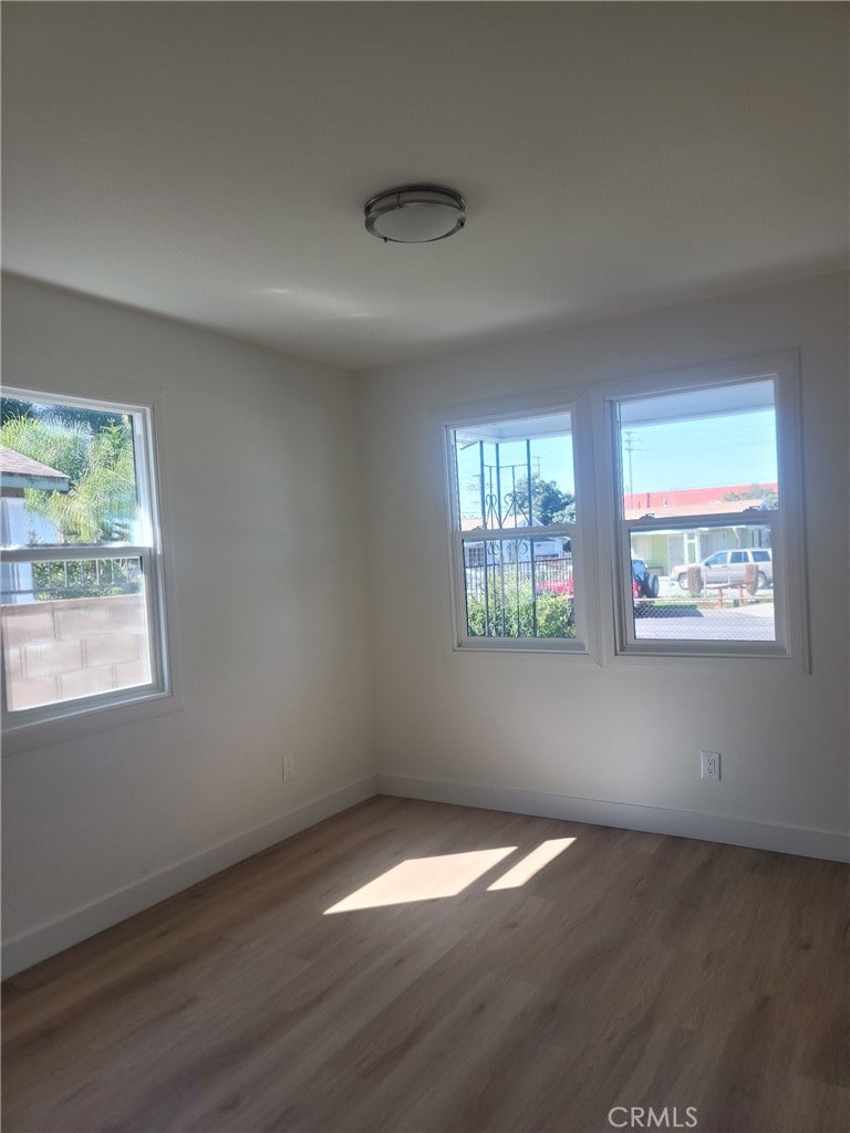 empty room featuring baseboards, a wealth of natural light, and wood finished floors