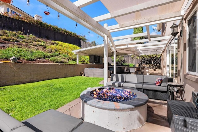 view of patio / terrace with an outdoor living space, fence, and a pergola