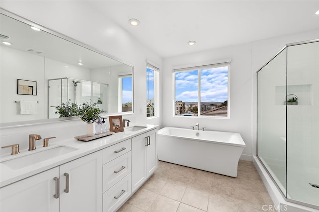 full bathroom featuring double vanity, a soaking tub, a shower stall, and a sink