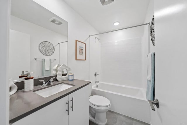 bathroom with visible vents, shower / tub combination, vanity, and toilet