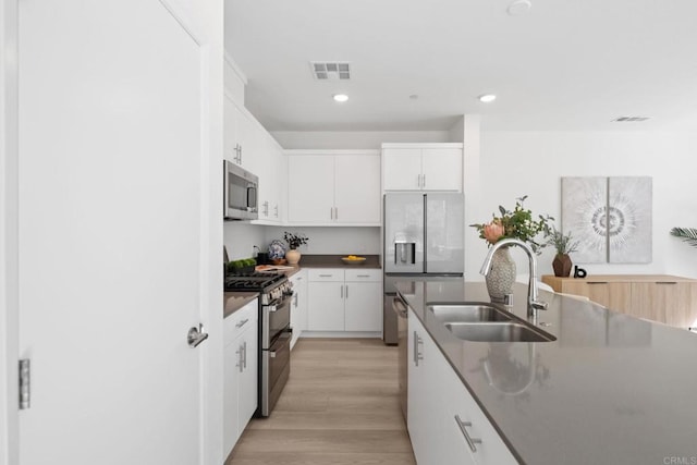 kitchen featuring visible vents, dark countertops, appliances with stainless steel finishes, white cabinetry, and a sink