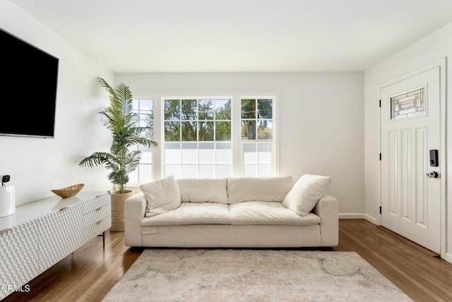 living area featuring wood finished floors and baseboards