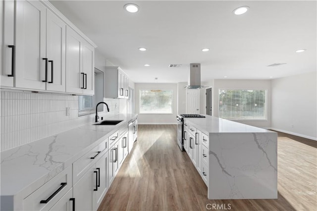 kitchen featuring decorative backsplash, light wood-style flooring, a sink, island exhaust hood, and stainless steel range with gas stovetop