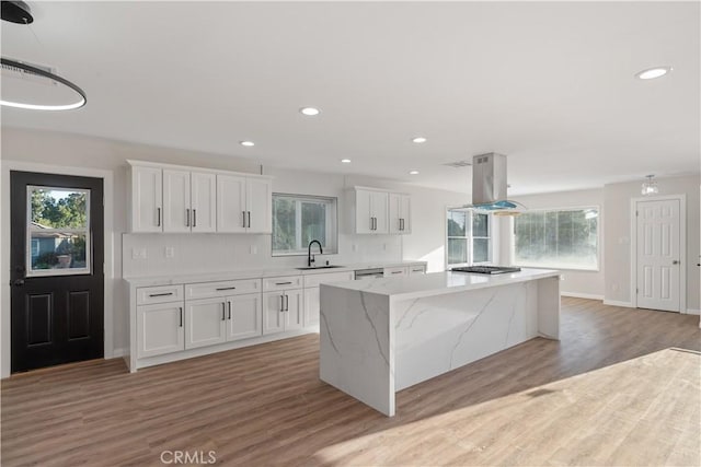 kitchen featuring light wood-style floors, a center island, island exhaust hood, and a sink