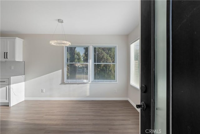 unfurnished dining area with baseboards and wood finished floors