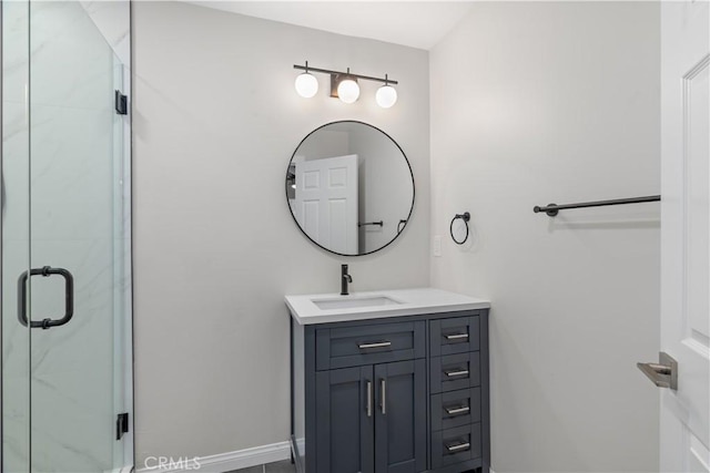 full bath with a shower stall, baseboards, and vanity