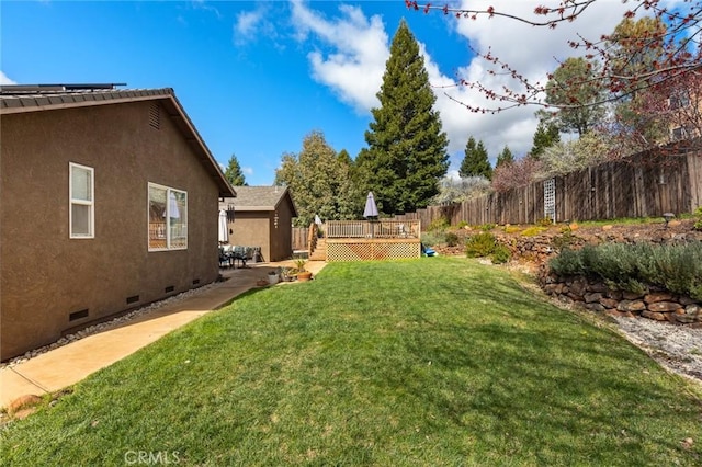 view of yard with a deck and a fenced backyard