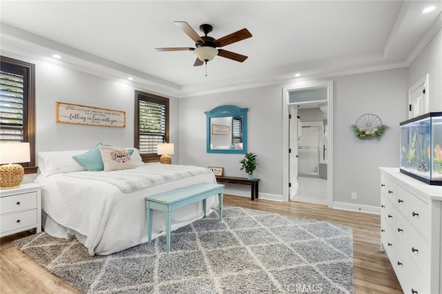 bedroom with light wood finished floors, baseboards, ceiling fan, ornamental molding, and recessed lighting