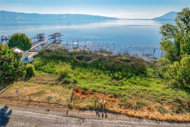 bird's eye view featuring a water and mountain view