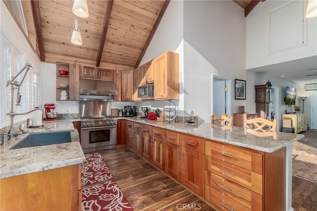 kitchen with appliances with stainless steel finishes, wood ceiling, a sink, a peninsula, and under cabinet range hood