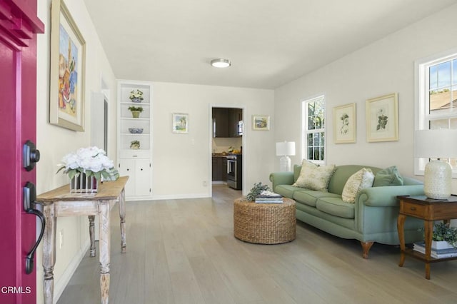 living room with a healthy amount of sunlight, baseboards, and wood finished floors